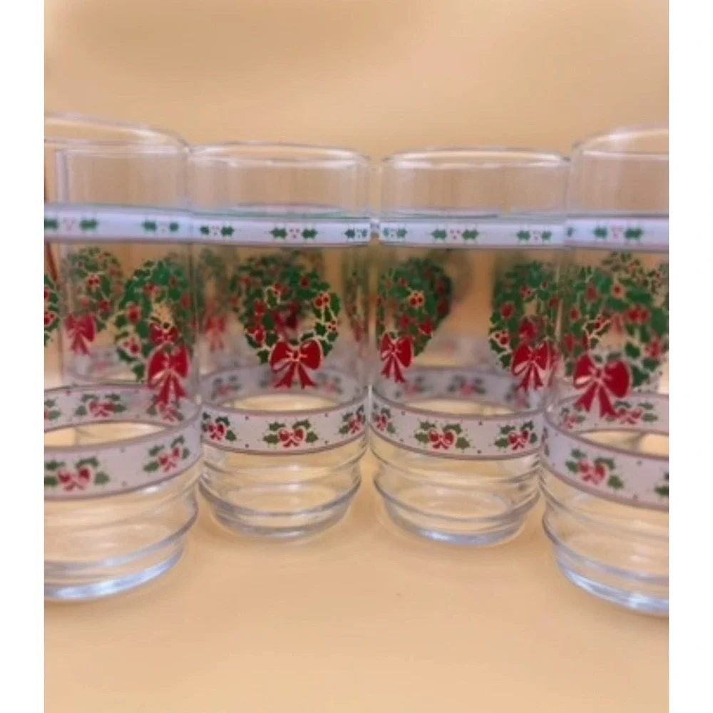 Vintage Christmas Holly Wreath Highball Glasses Set of 8 Red Bow Holiday Barware